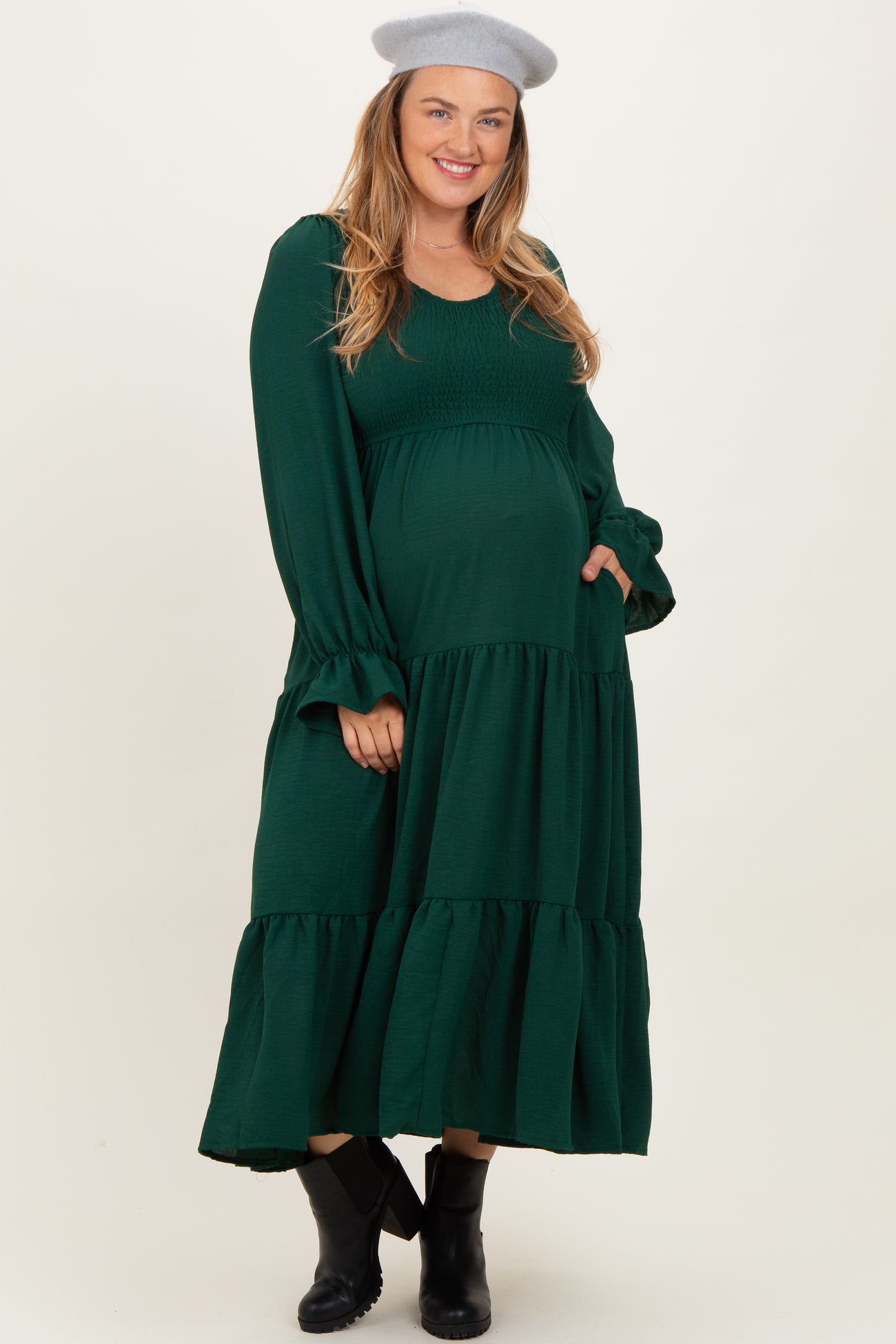 Forest Green Smocked Tiered Long Sleeve Plus Maternity Maxi Dress