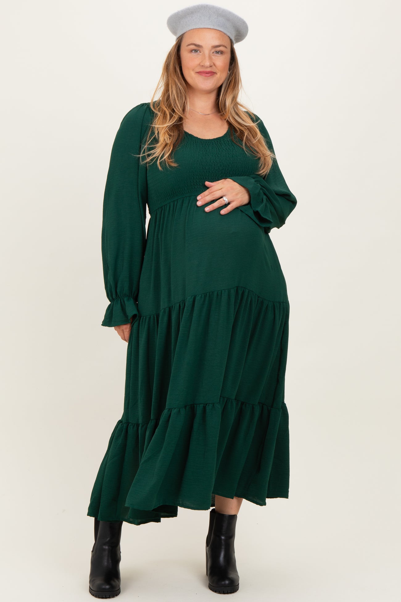 Forest Green Smocked Tiered Long Sleeve Plus Maternity Maxi Dress