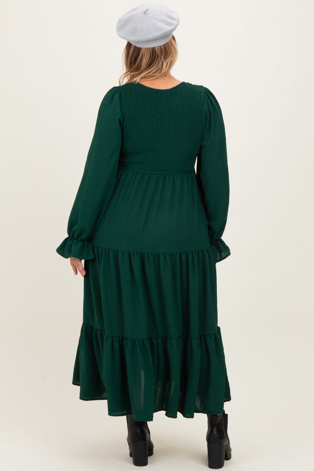 Forest Green Smocked Tiered Long Sleeve Plus Maternity Maxi Dress