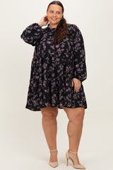 Black Floral Tiered Long Sleeve Plus Maternity Dress