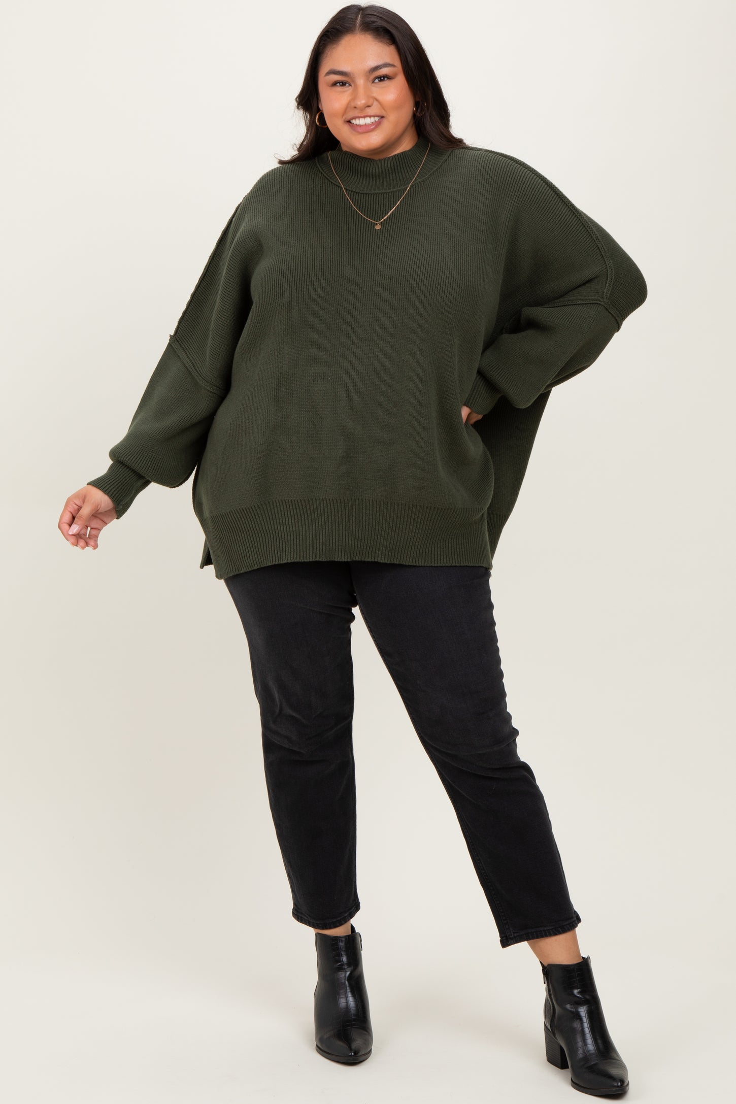 Olive Mock Neck Exposed Seam Sweater