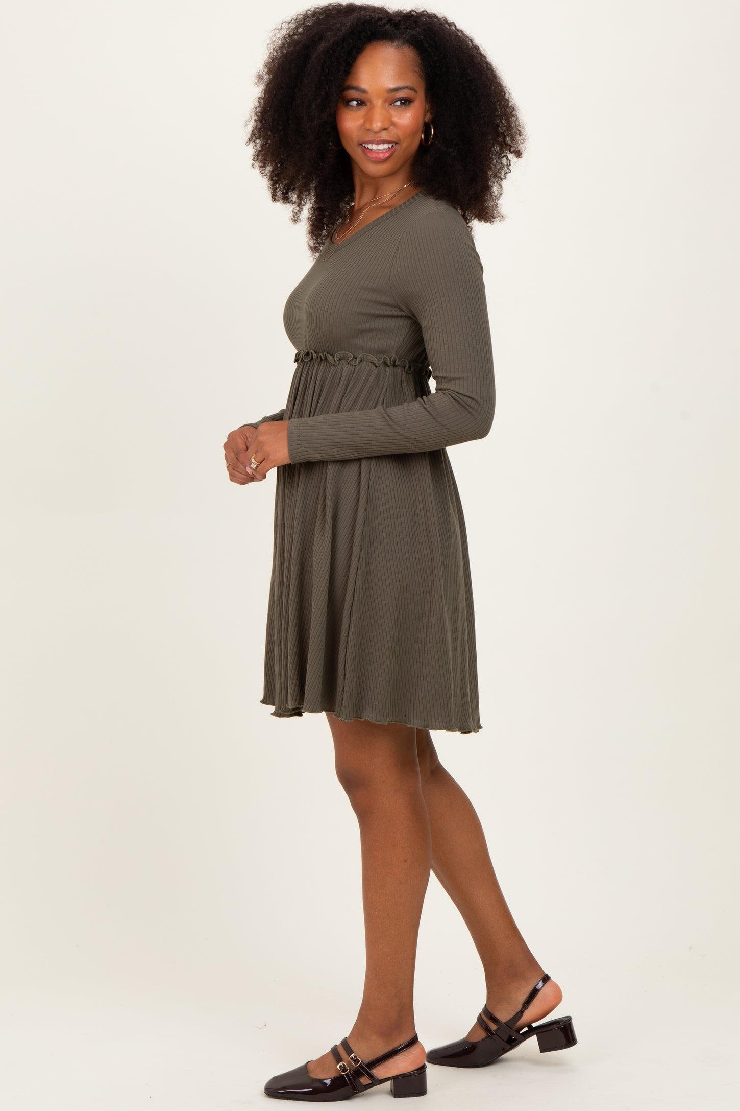 Olive Solid Ribbed Long Sleeve Crewneck Shirring Mini Dress