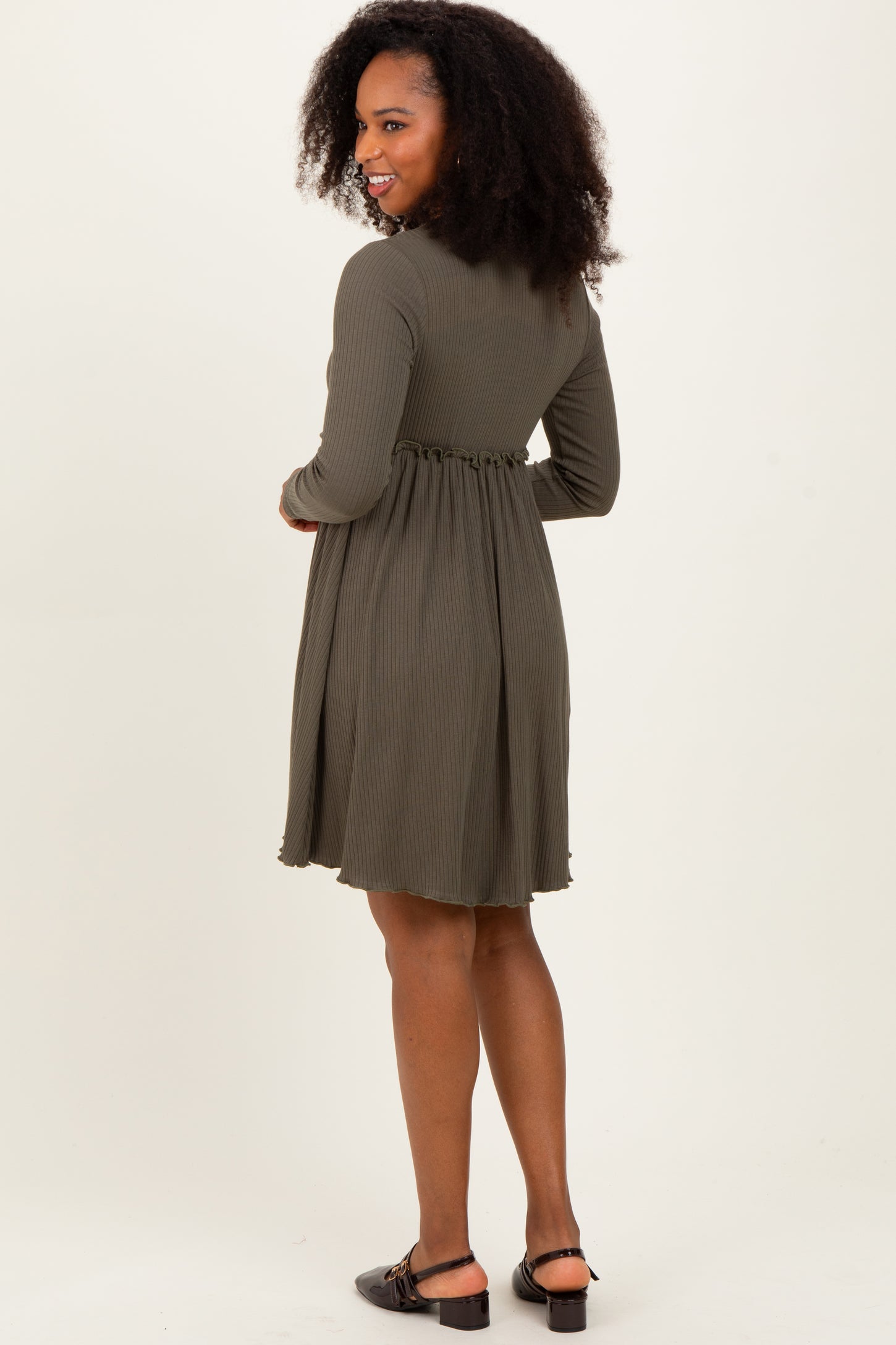 Olive Solid Ribbed Long Sleeve Crewneck Shirring Mini Dress