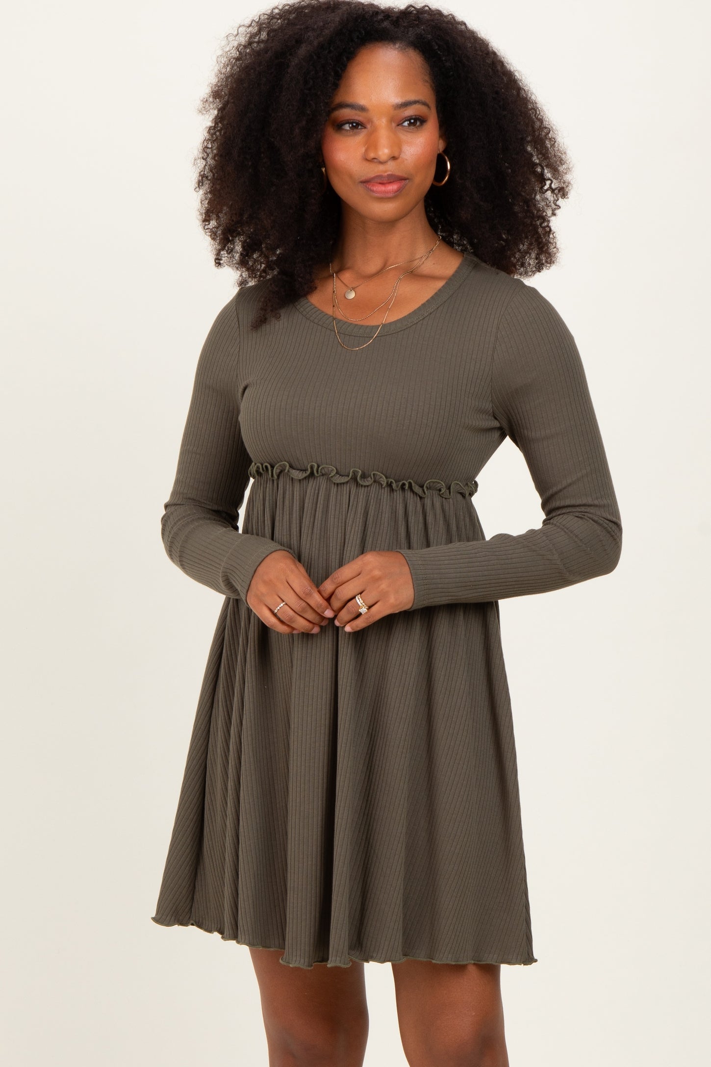 Olive Solid Ribbed Long Sleeve Crewneck Shirring Maternity Mini Dress