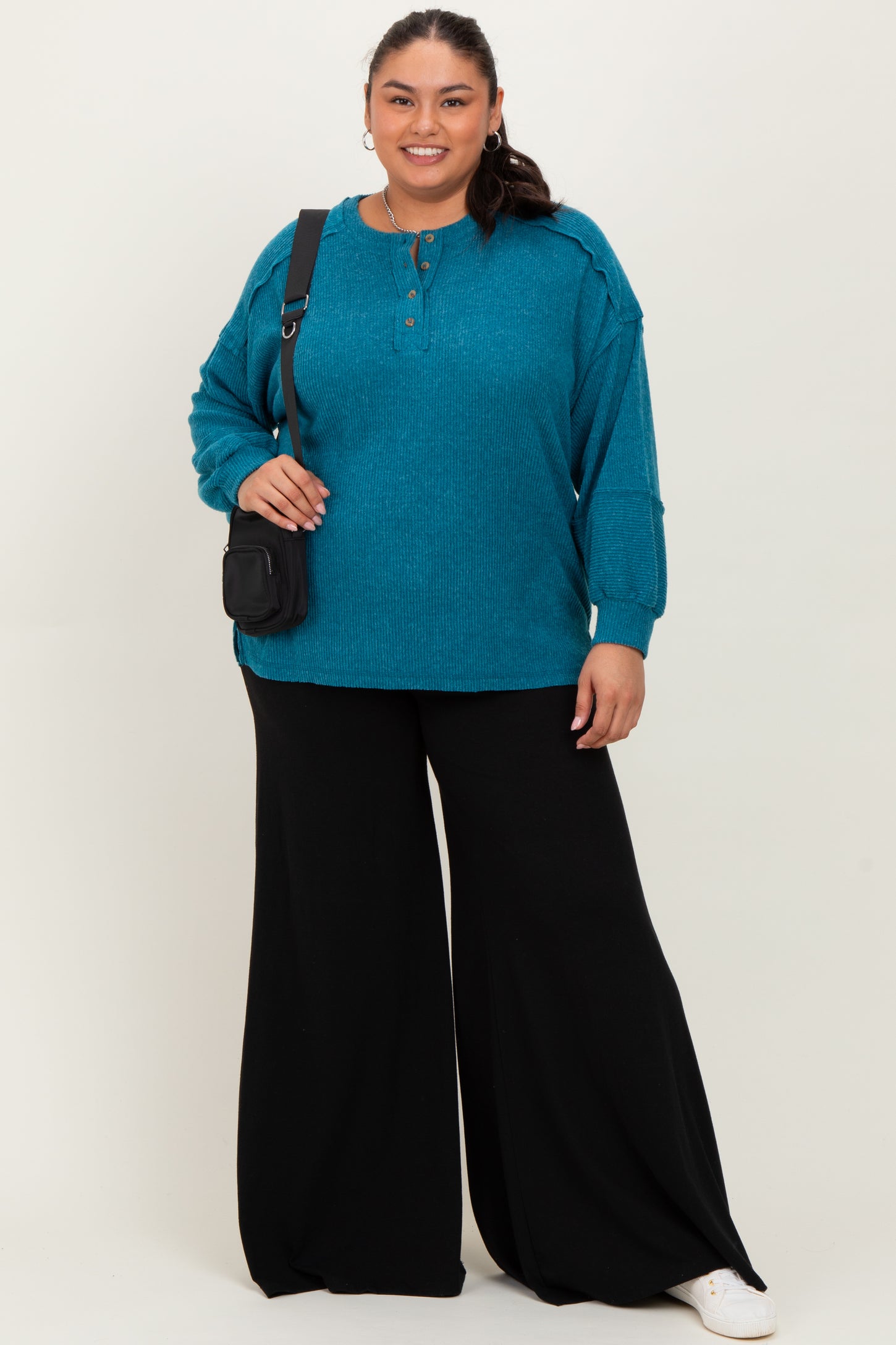 Teal Oversized Ribbed Knit Henley Plus Sweater