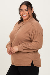 Camel Oversized Ribbed Knit Henley Plus Sweater