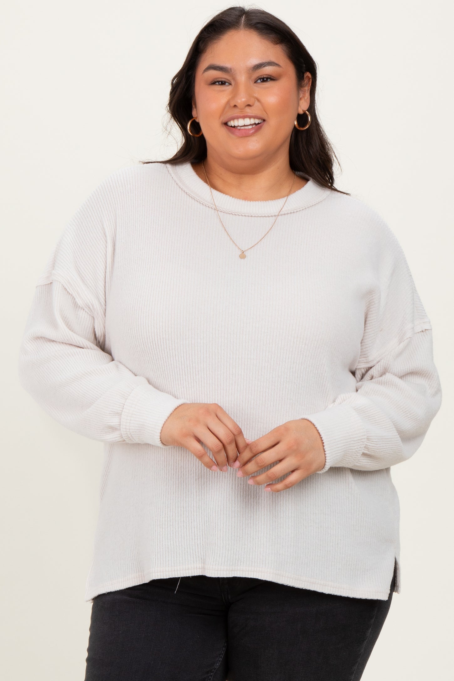 Cream Brushed Ribbed Knit Plus Pullover