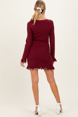 Burgundy Long Sleeve Lettuce Trim Maternity Mini Dress