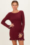 Burgundy Long Sleeve Lettuce Trim Mini Dress