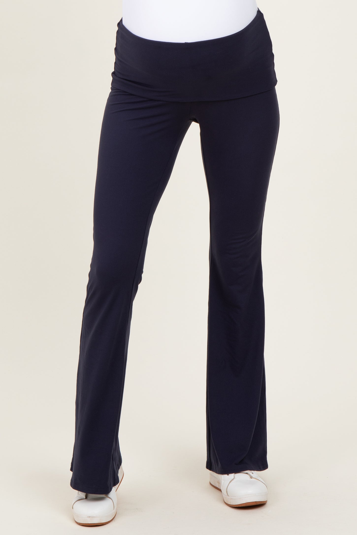 maternity wear navy blue flared yoga pants with a fitted waistband