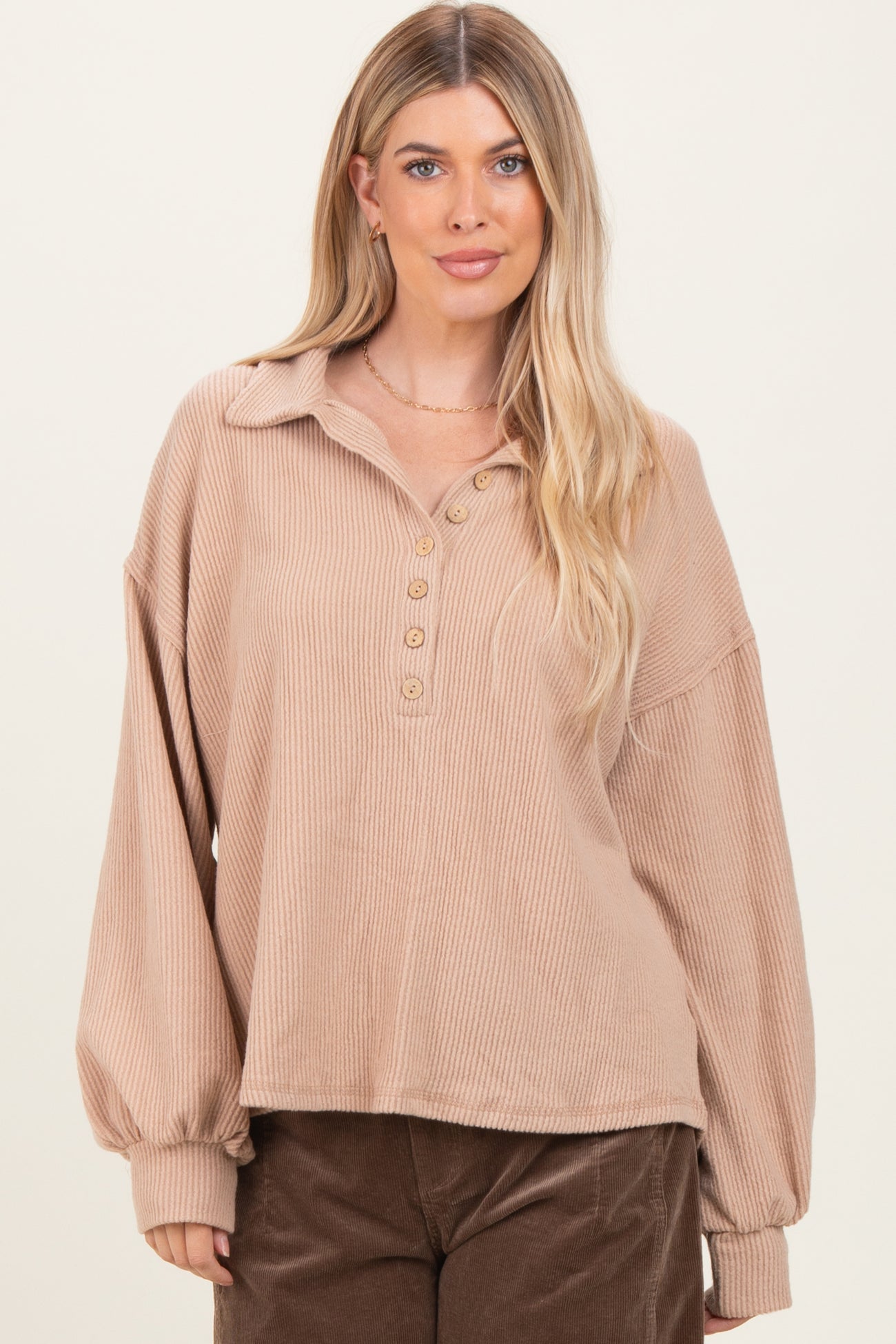 Taupe Solid Ribbed Long Sleeve Button Down Collared Top
