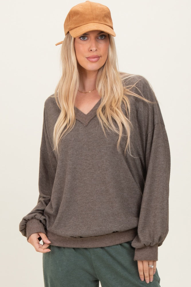 Mocha Brushed Long Sleeve Ribbed V-Neck Top