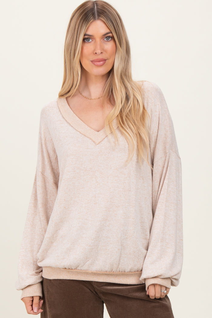 Beige Brushed Long Sleeve Ribbed V-Neck Maternity Top