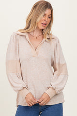 Beige Brushed Colorblock Long Sleeve Collared V-Neck Top