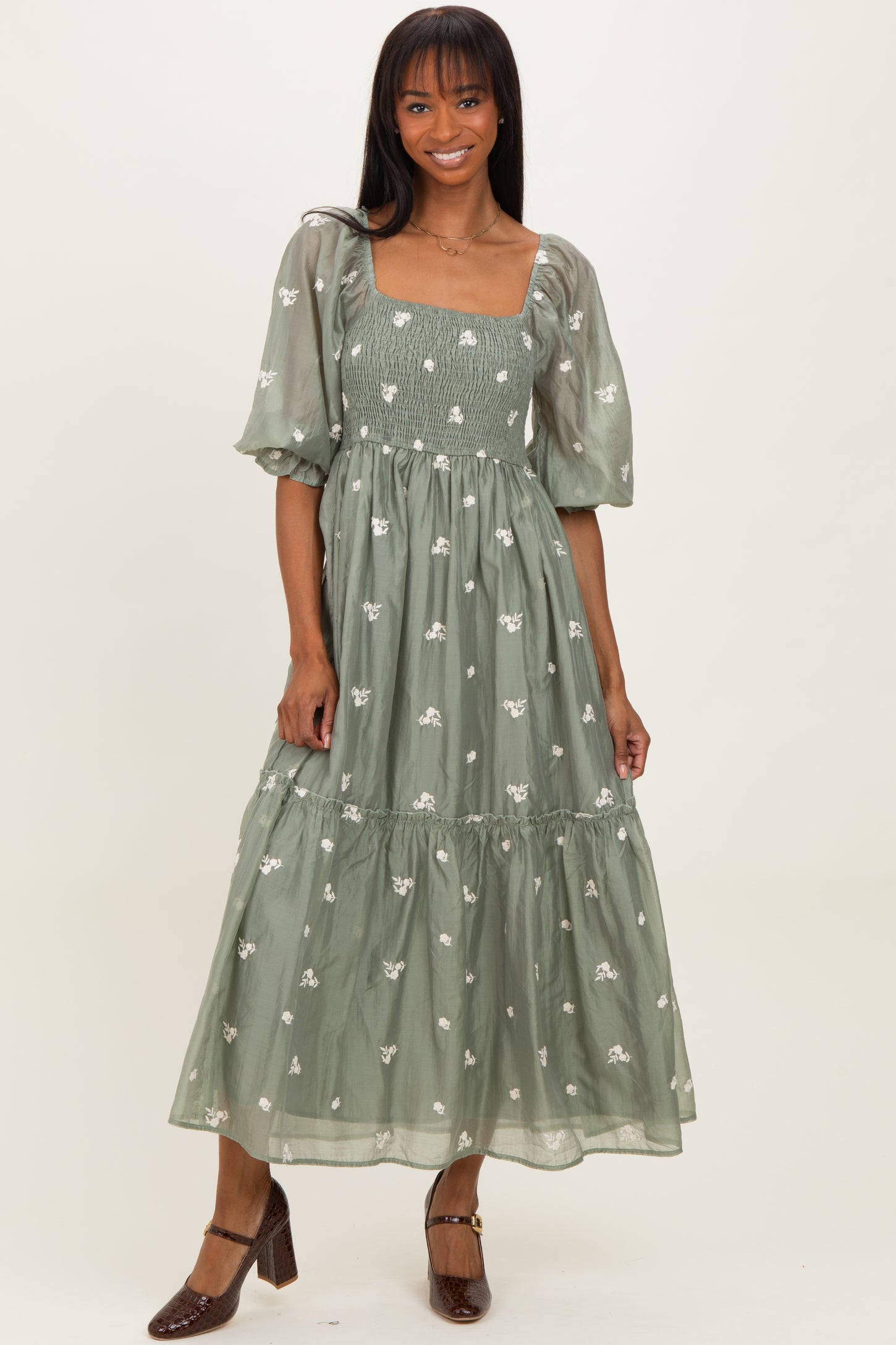 Light Olive Floral Embroidered Smocked 3/4 Sleeve Midi Dress