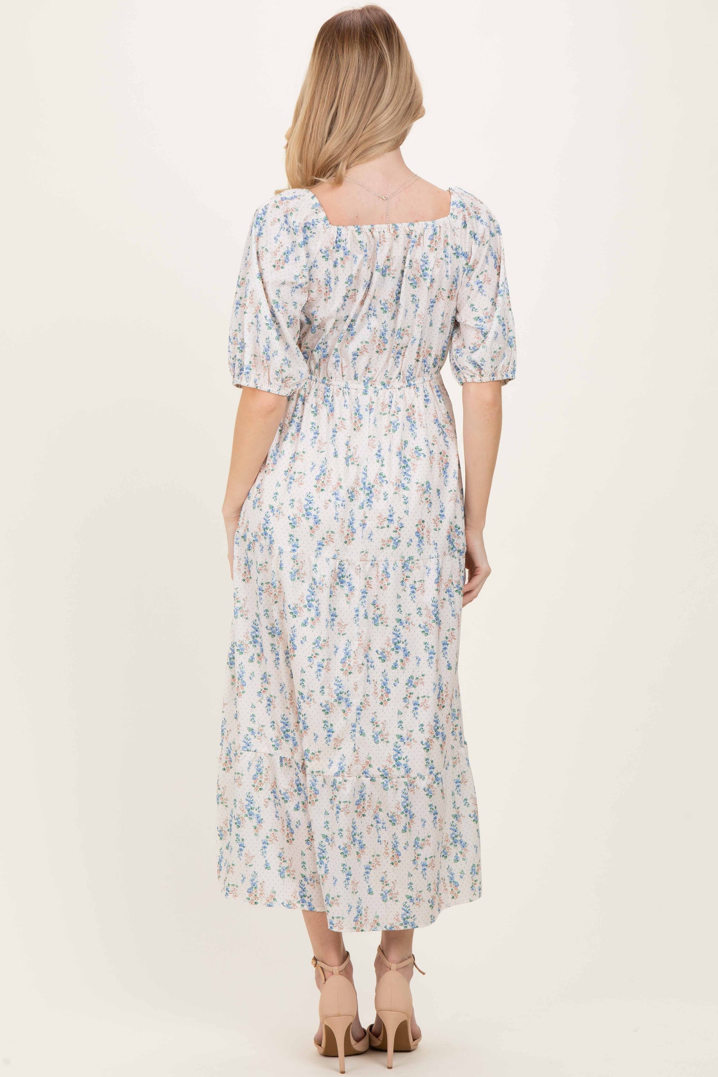 Cream Floral Puff Sleeve Tiered Maxi Dress