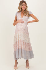 Multicolor Floral Colorblock Tiered Maternity Maxi Dress