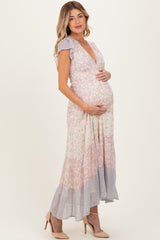 Multicolor Floral Colorblock Tiered Maternity Maxi Dress