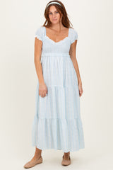 Light Blue Floral Lace Trim Tiered Maternity Maxi Dress