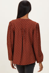 Brown Polka Dot Long Sleeve Button Down V-Neck Top