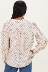 Ivory Polka Dot Long Sleeve Button Down V-Neck Top