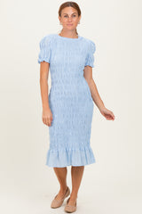 Light Blue Smocked Fitted Midi Dress