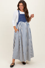 Blue Striped Colorblock Denim Contrast Maternity Maxi Dress