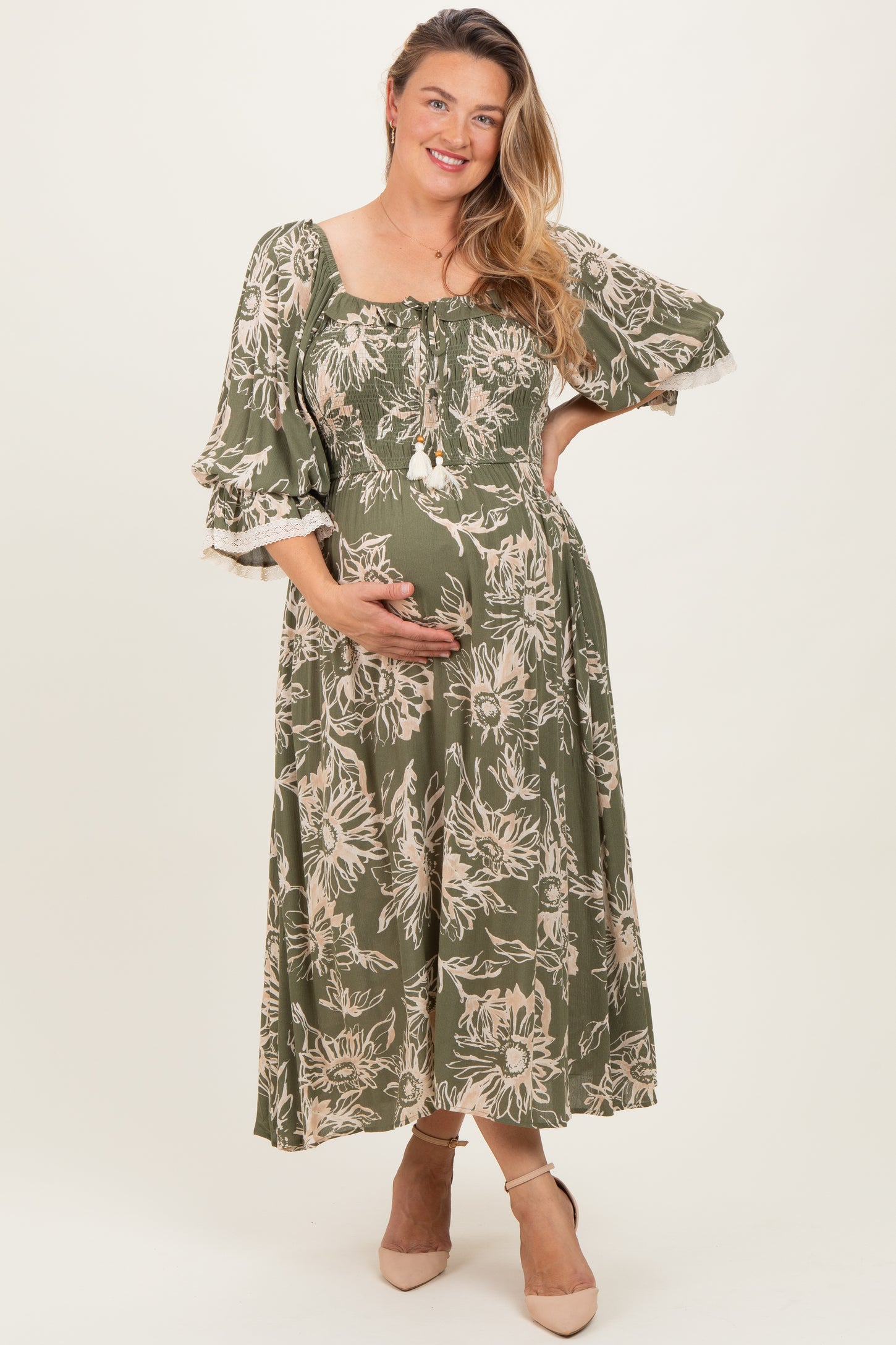Olive Floral Smocked 3/4 Sleeve Maternity Plus Midi Dress