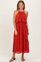 Red Pleated Woven Maternity Midi Dress