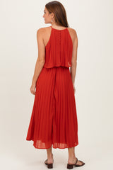 Red Pleated Woven Midi Dress
