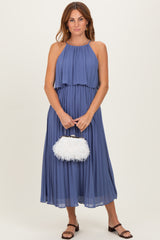 Light Navy Pleated Woven Maternity Midi Dress