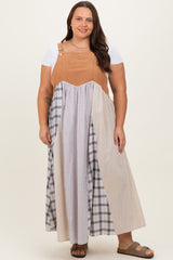 Mocha Multicolor Colorblock Plaid Denim Overall Plus Dress