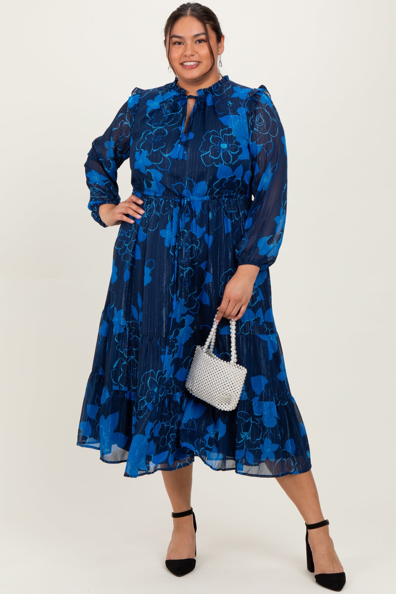 Navy Blue Floral Tiered Plus Midi Dress