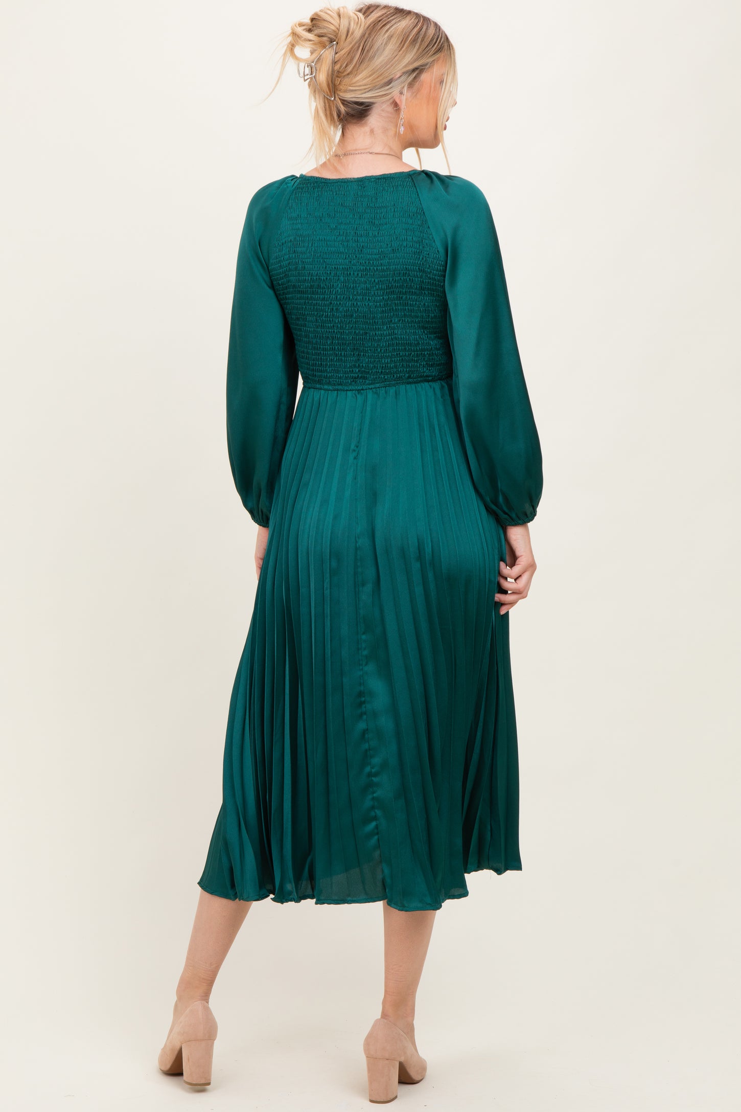 Forest Green Satin Smocked Pleated Midi Dress