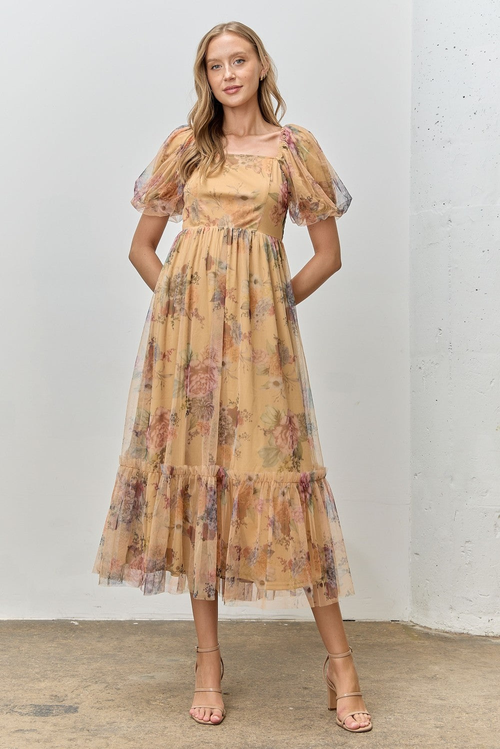 Yellow Floral Tulle Puff Sleeve Midi Dress