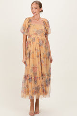 Yellow Floral Tulle Puff Sleeve Maternity Midi Dress