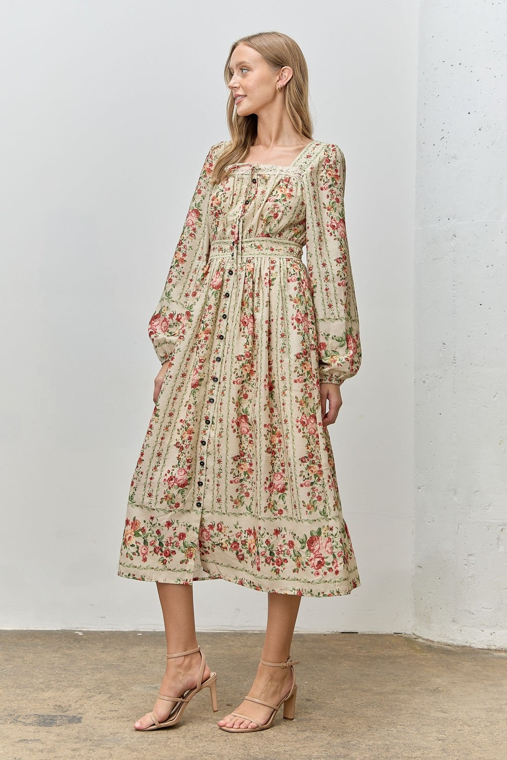 Cream Floral Stripe Button Down Long Sleeve Midi Dress