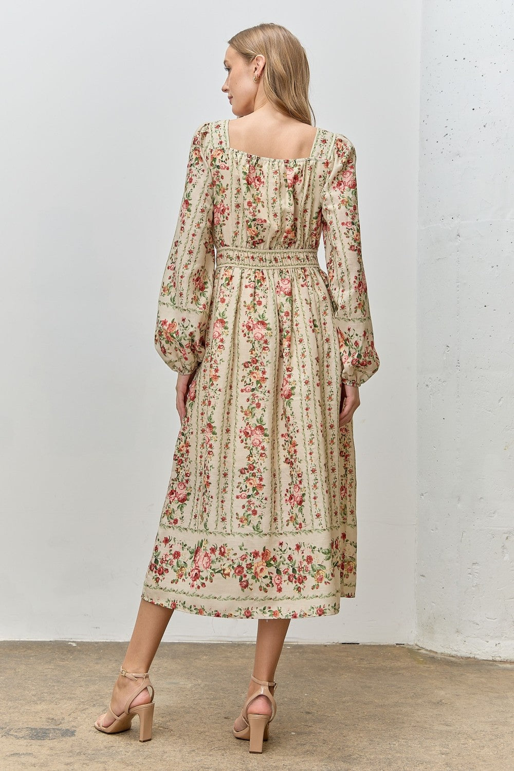 Cream Floral Stripe Button Down Long Sleeve Midi Dress