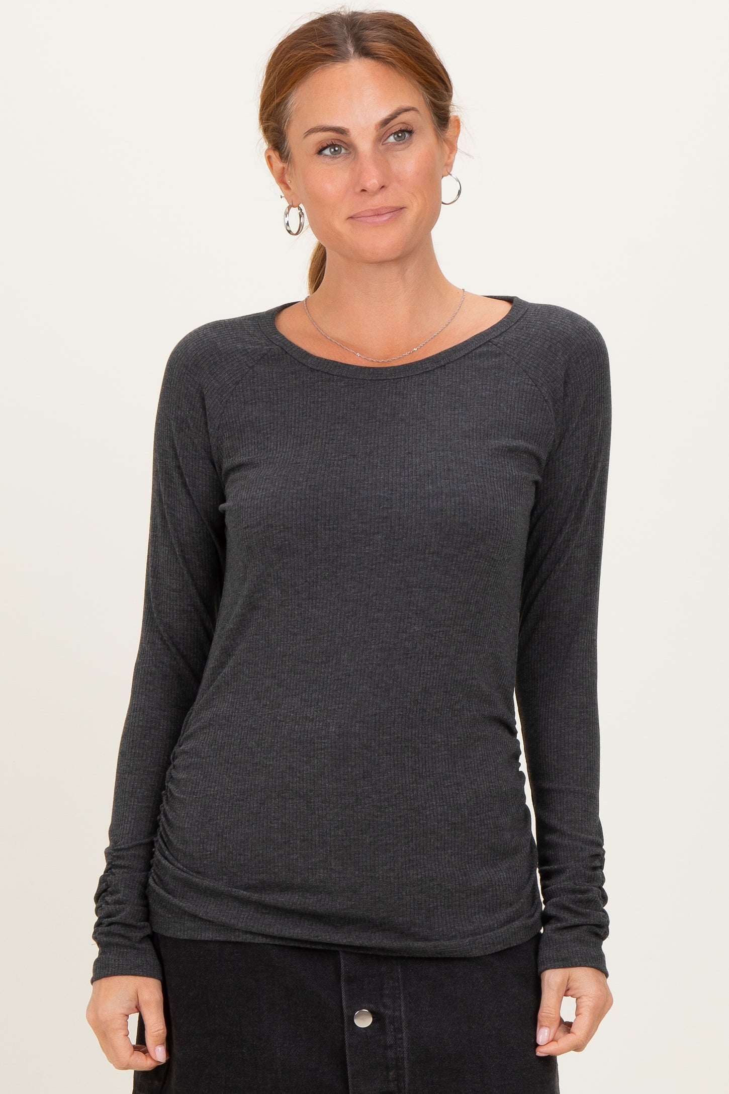 Charcoal Solid Ribbed Ruched Long Sleeve Top