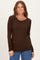 Brown Solid Ribbed Ruched Long Sleeve Top