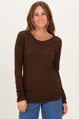 Brown Solid Ribbed Ruched Long Sleeve Maternity Top