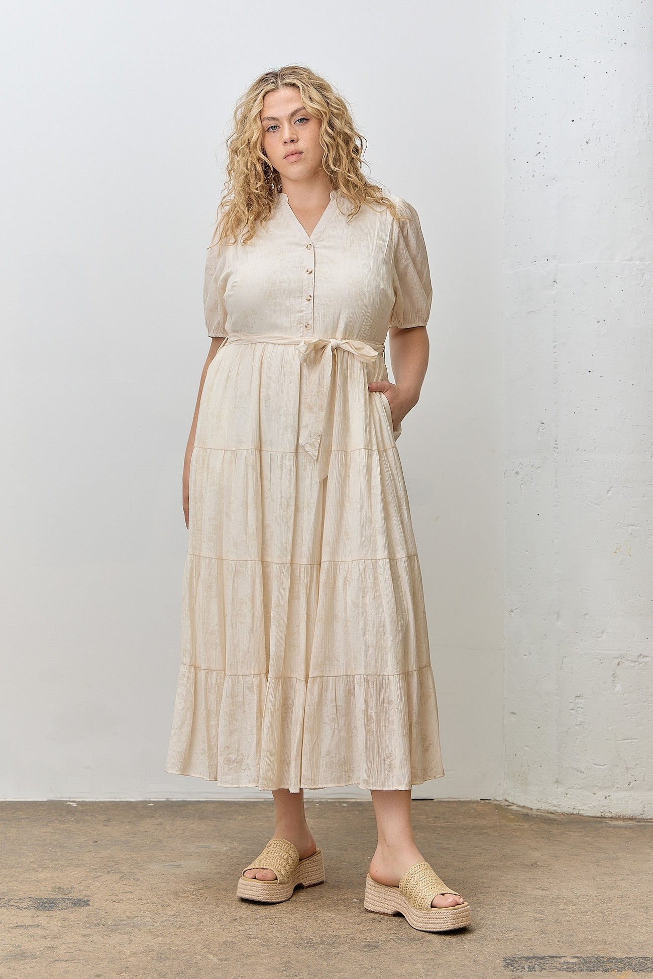 Cream Split Neckline Tiered Maternity Plus Midi Dress
