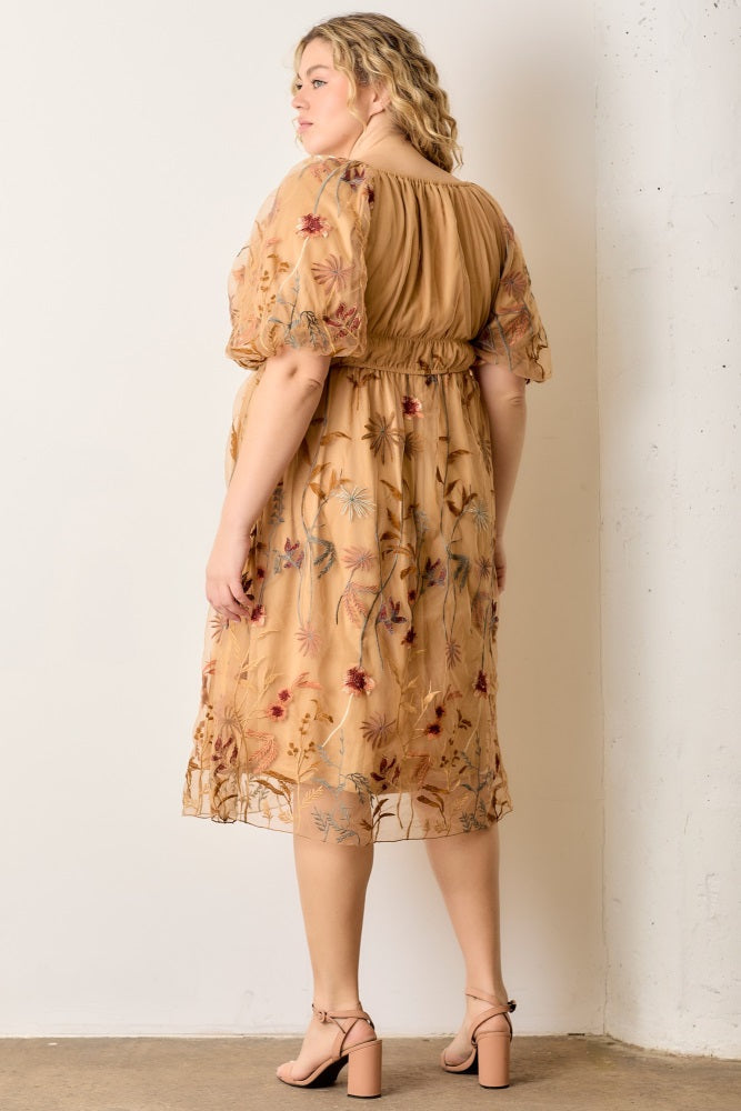 Dark Yellow Floral Embroidered Mesh Plus Dress