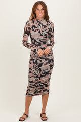 Black Floral Mesh Ruched Long Sleeve Maternity Midi Dress