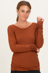 Rust Solid Ribbed Ruched Long Sleeve Top