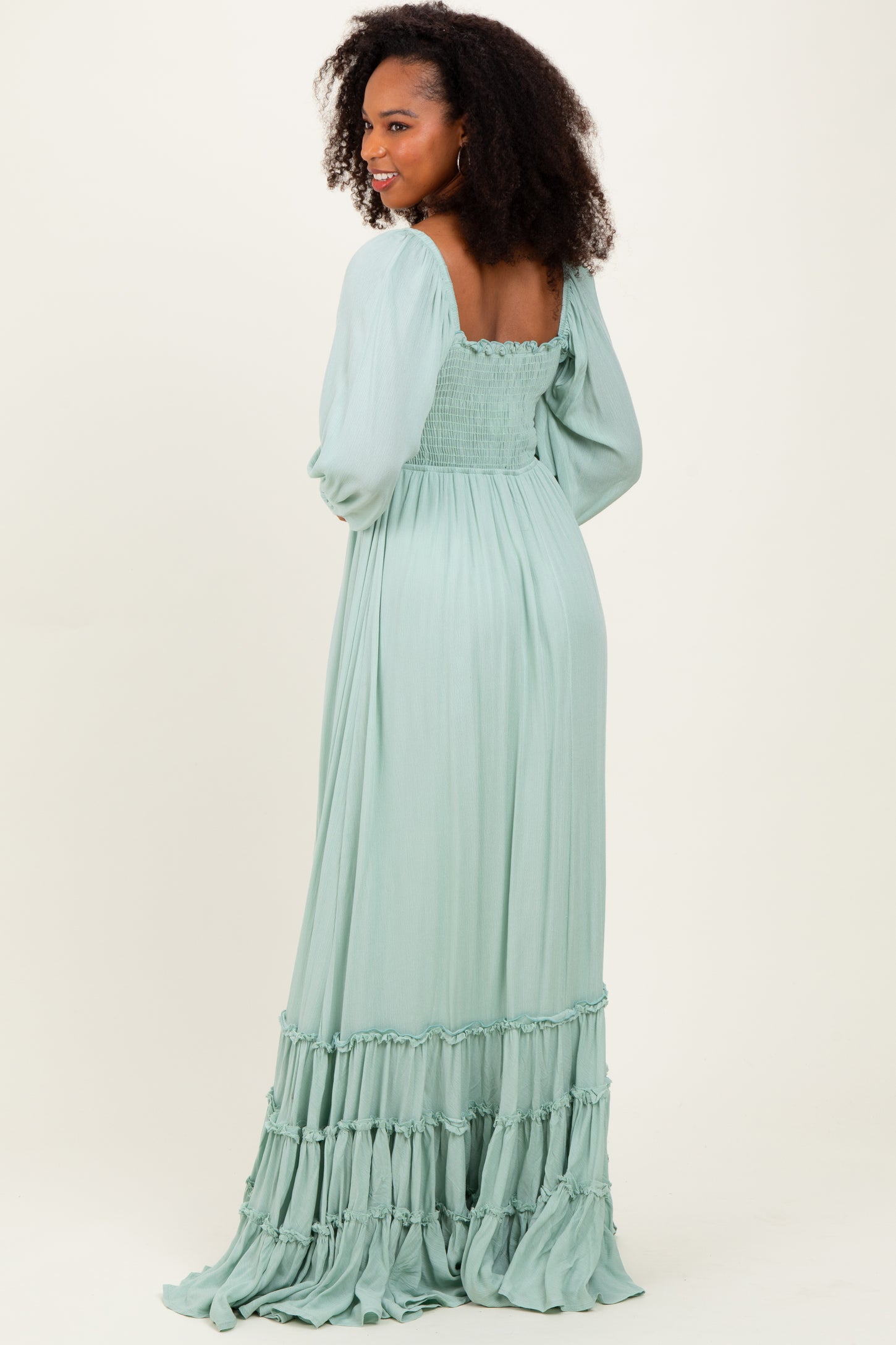 Sage Solid 3/4 Sleeve Smocked Top Tiered Maxi Dress