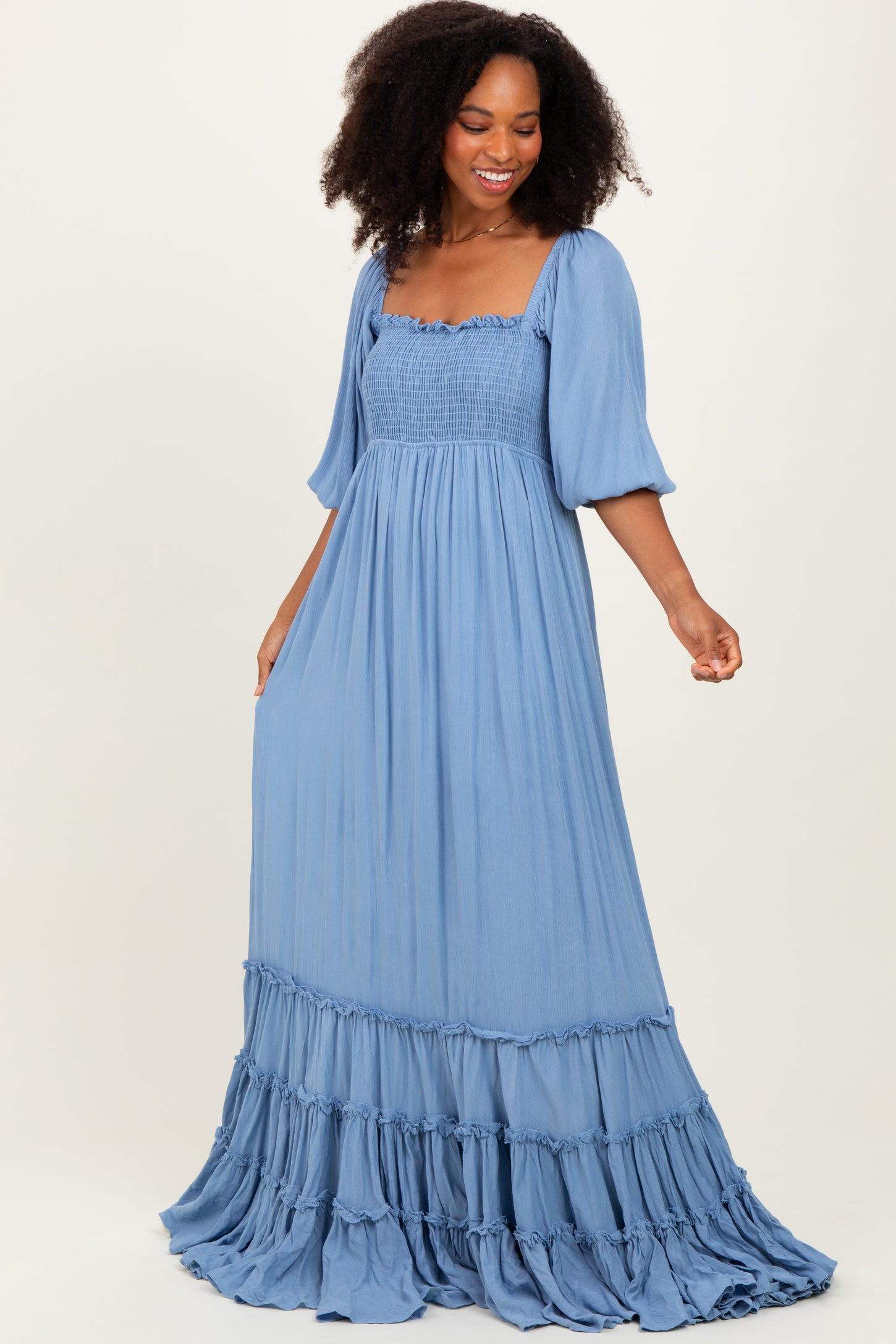 Blue Solid 3/4 Sleeve Smocked Top Tiered Maternity Maxi Dress