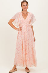 Light Pink Floral Chiffon Short Sleeve V-Neck Smocked Top Maxi Dress