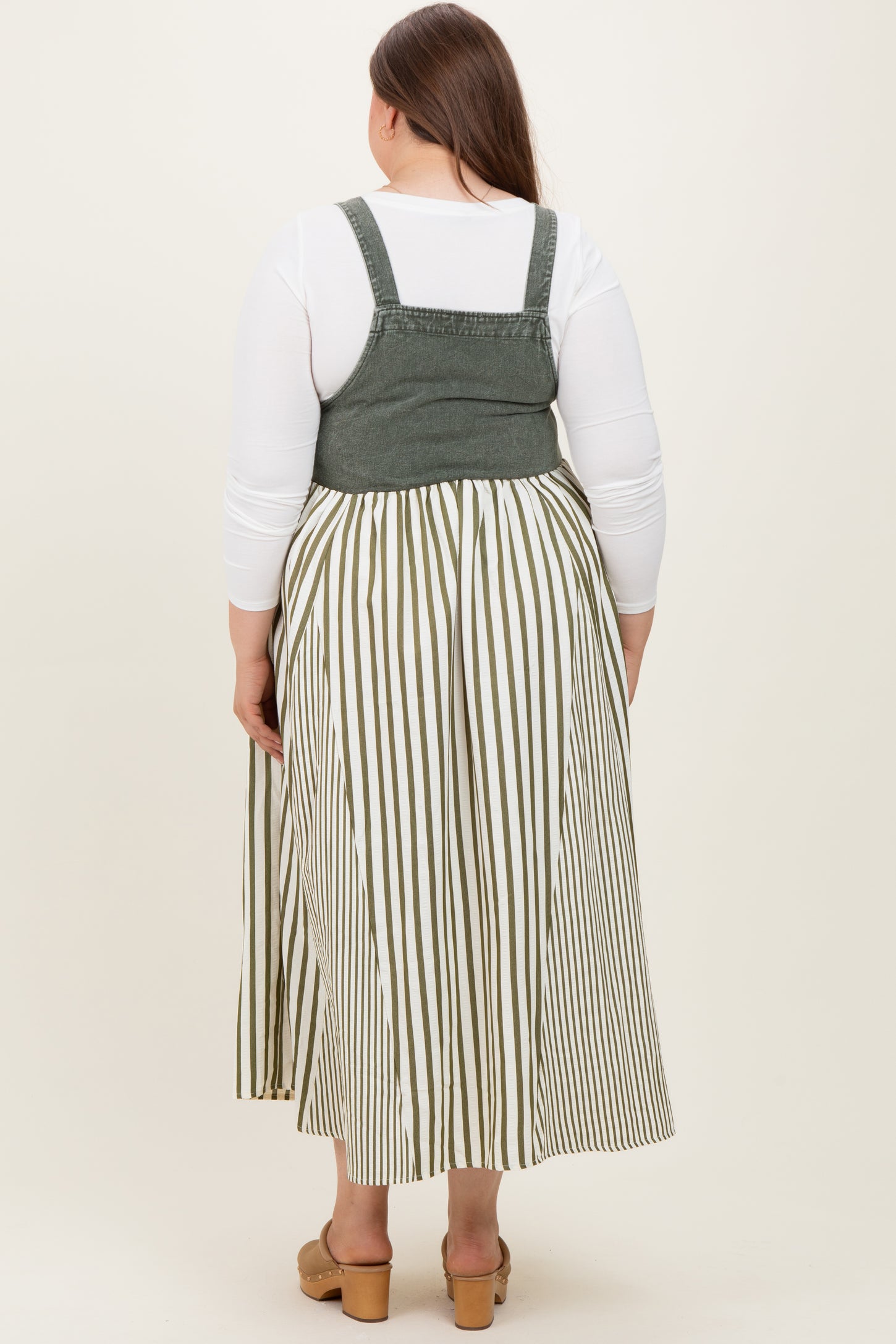 Olive Striped Colorblock Denim Contrast Maternity Plus Maxi Dress