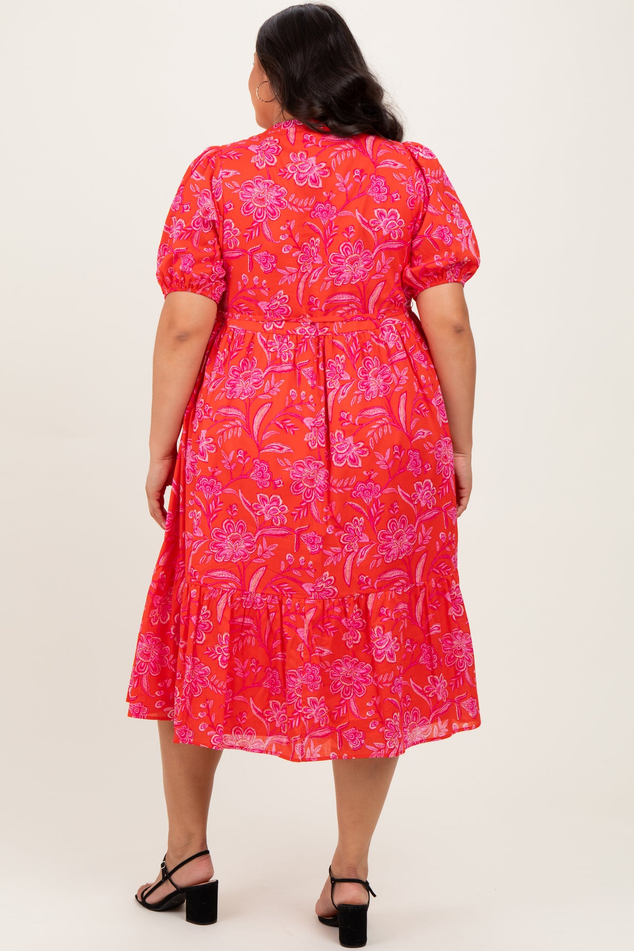 Red Floral Button Down Plus Midi Shirt Dress
